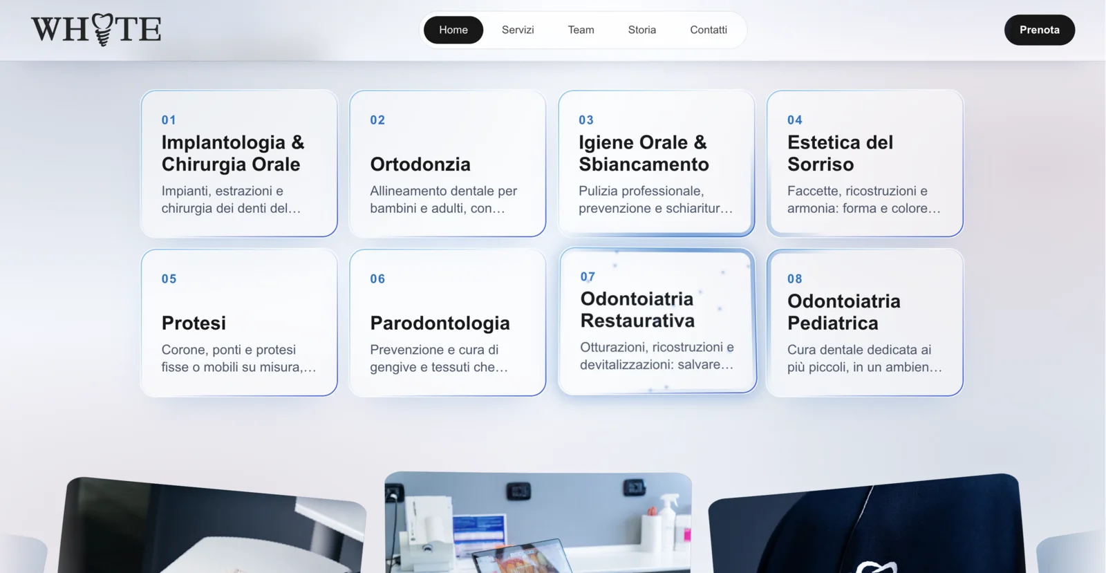 Il sito di White Studio Dentistico: la griglia dei servizi, dall'implantologia all'odontoiatria pediatrica
