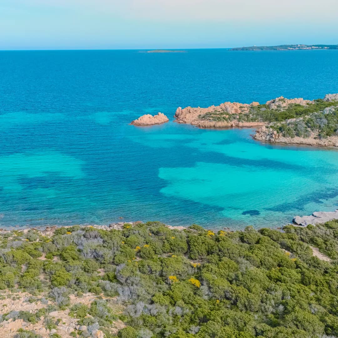 Cala con l'acqua turchese e la macchia mediterranea, ripresa dal drone